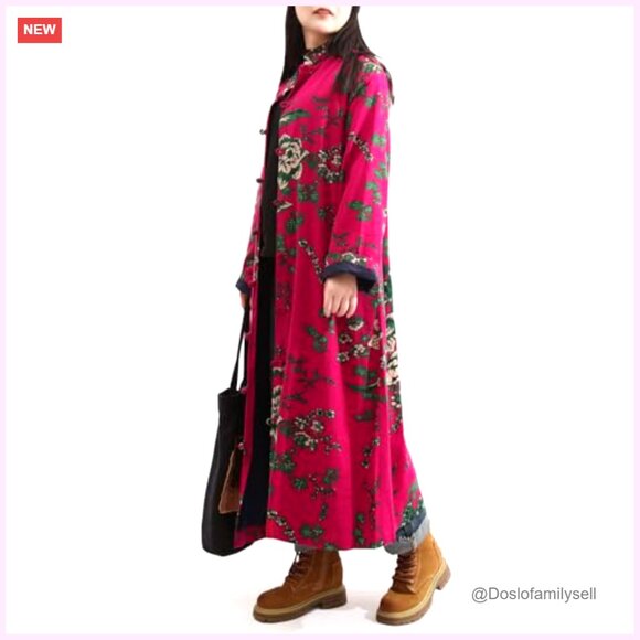 Vintage Floral Trench Coat Plus Size Cotton Linen Boho Long Jacket with Pockets - Picture 6 of 7